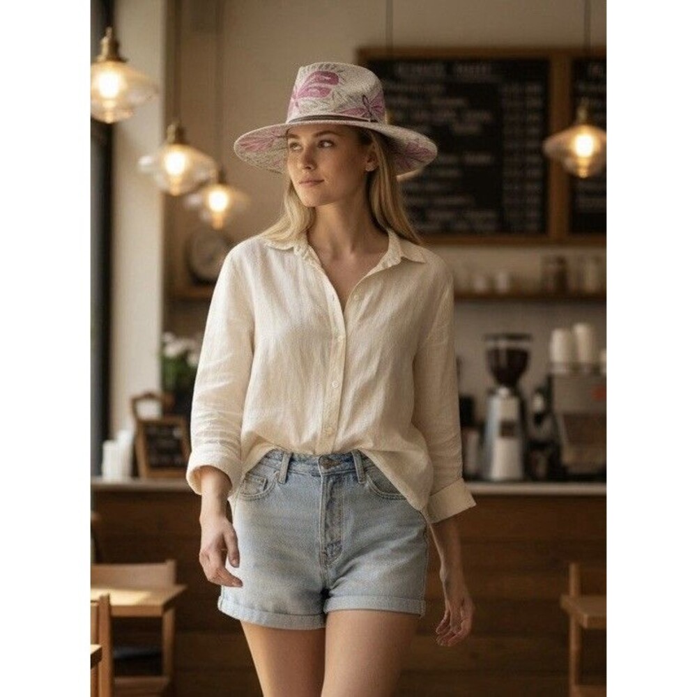 Mexican Artisanal Hand Painted Fedora Hat Pink Dragonfly-Beige M - Picture 3 of 16